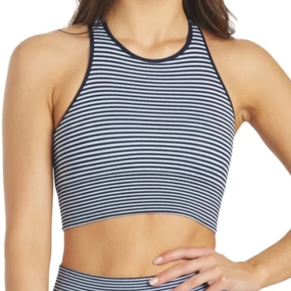 Spiritual Gangster High Neck Jacquard Stripe‎ Bra in Navy Stripe Size XS/S